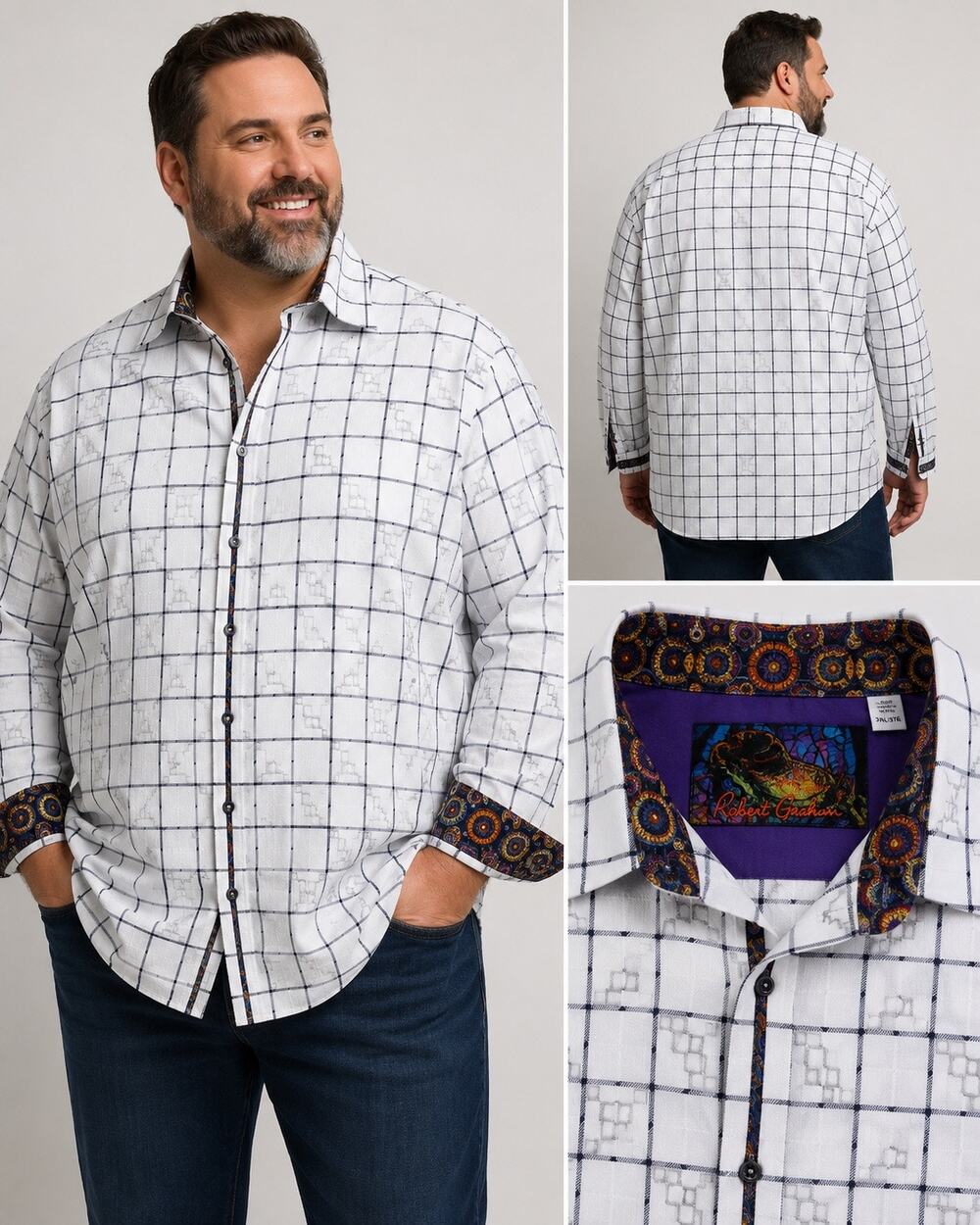 Robert Graham 3XL White Grid Embroidered Button Shirt Flip Cuff Luxury